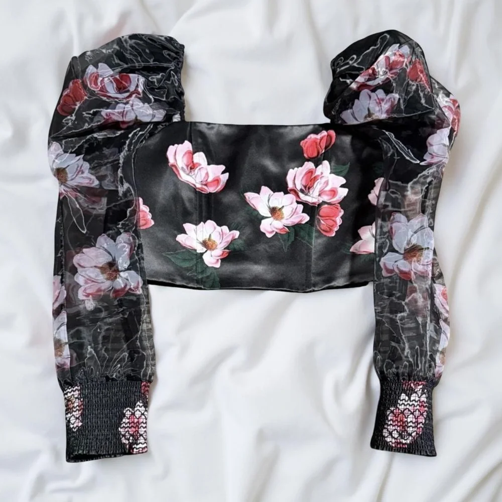 Alice + Olivia Floral Puff Sleeve Sheer Crop Top - Picture 4 of 11